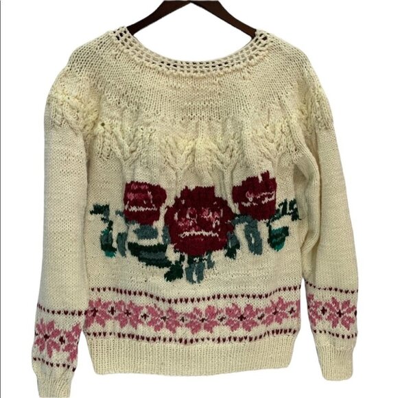 𝅺RARE! Vintage🌸Hand Knit Chunky Fair Isle Pullover Sweater Roses Size S… - Picture 1 of 8